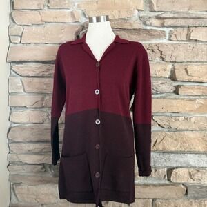 Liz Claiborne Merino Wool Colorblock Cardigan Sweater Burgundy Plum Small